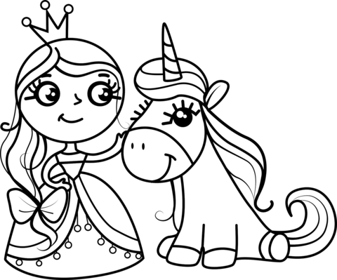 Princess And Unicorn Coloring Page